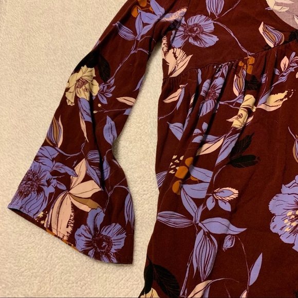 Free People Bella Floral-Print Tunic Mini Dress Purple Bell Sleeve V Neck - Picture 8 of 11